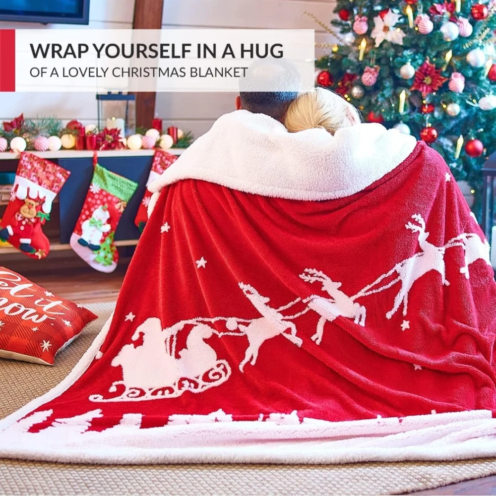 Malinad Red NIP Christmas Santa Clause & Reindeers Fleece/Sherpa Throw Blanket